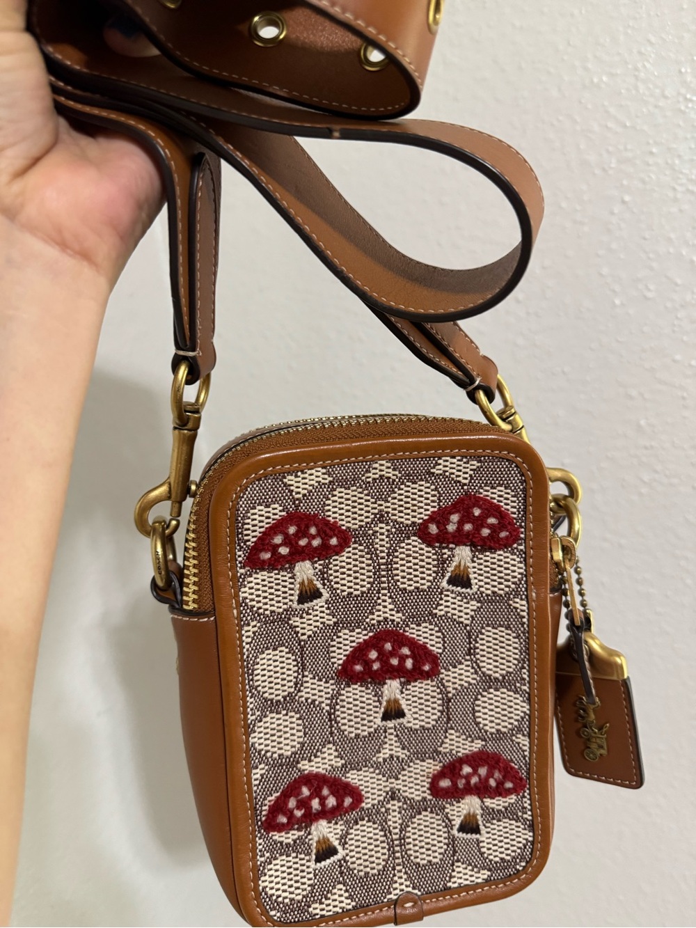 Coach Rogue 12 Brown Crossbody with Red Mushroom Embroidery
